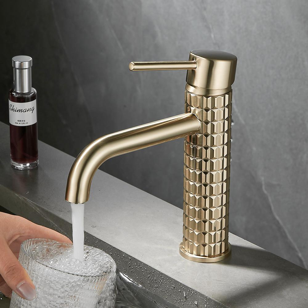 Tuqiu Brush Gold Bathroom Basin Faucets Art Carved Sink Mixer Tap Hot & Cold Deck Mounted Grey Lavatory Crane Water Tap
