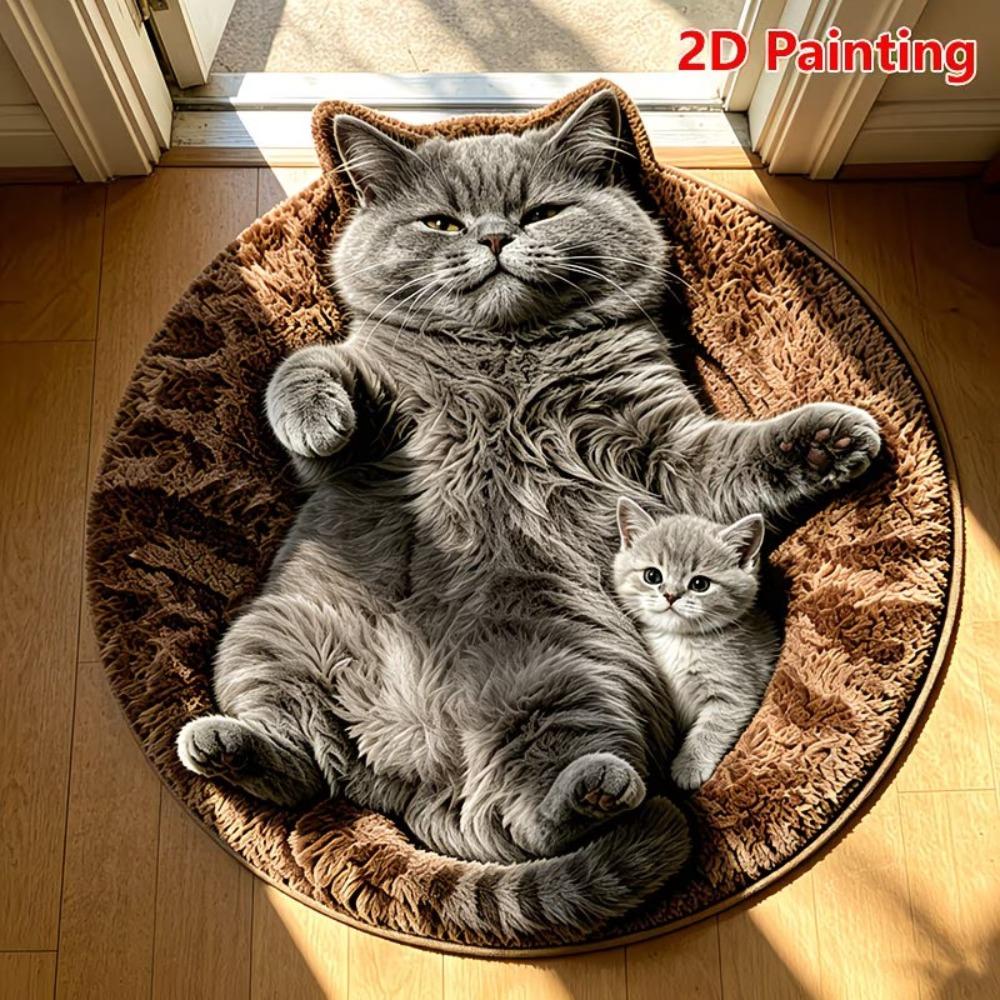 Round Shape Home Decor Carpet Non-Slip Cartoon Carpet Cute Cat Area Rug Bedrooms
