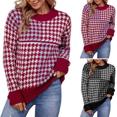 Женская мода повседневный свободный вязаный контрастный пуловер с узором «гусиные лапки»