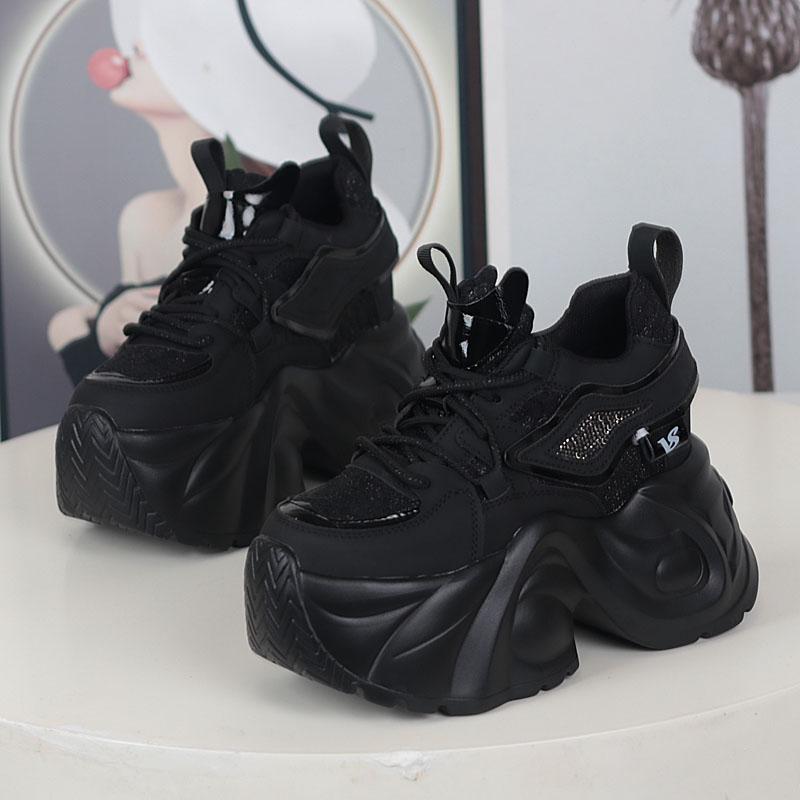 Мода НОВЫЕ Женские Повседневные Кроссовки на Платформе 12 см Высокий Каблук Зимняя Спортивная Кожаная Обувь Блестящие Кроссовки Массивные Ботинки Zapatillas Mujer