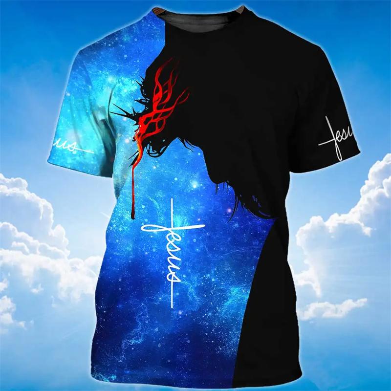 Fashion 3D Jesus Cross Print T Shirt For Men Christianity God Graphic Oversized T-shirts Daily Casual O-neck Short-sleeved Tops