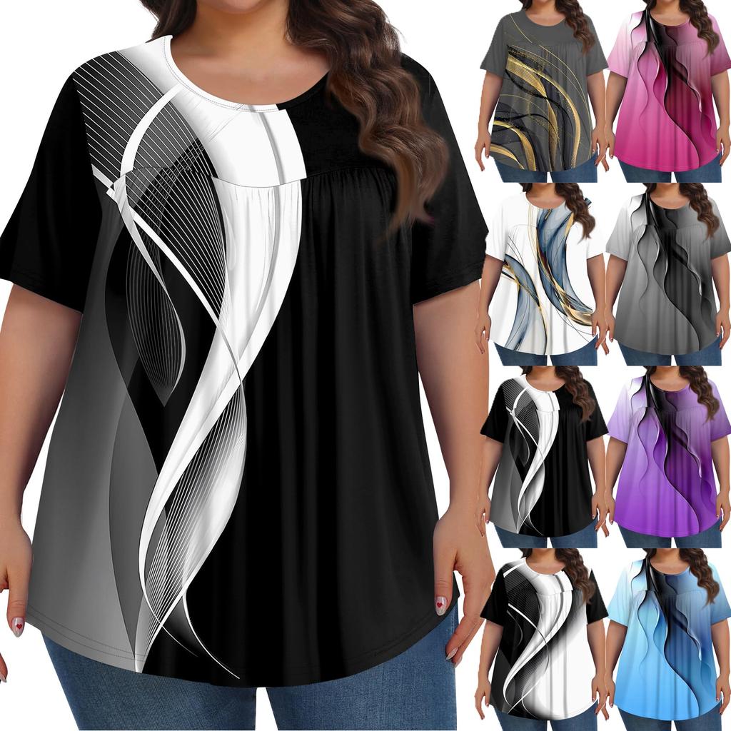 Women's Fashion Casual Print Round Neck Short Sleeve Top Womens Plus Size Tops