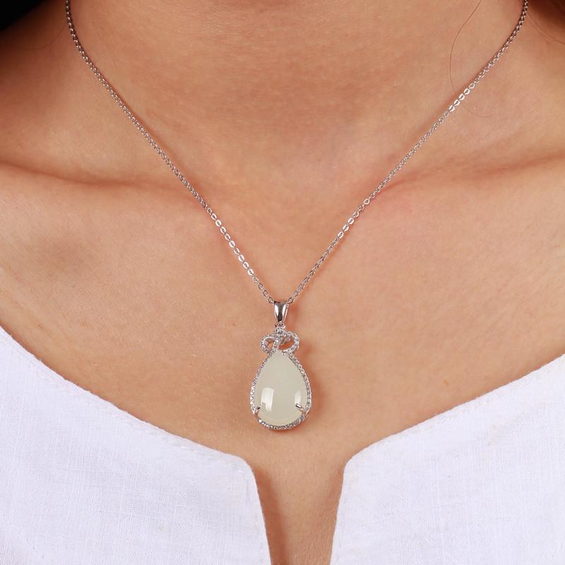 Hetian Jade Teardrop Pendant Necklace, Sterling Silver Crown Inlaid White Jade, Court Style Jewelry Gift for Women