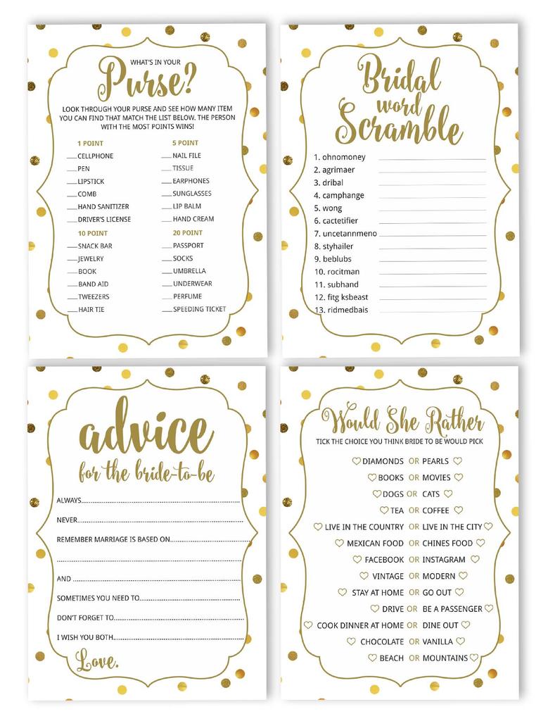 Inkdotpot Набор игр для девичника Золотое конфетти из 4(50 листов каждый) w От мисс до миссис Голд Баннер Веселые игры для свадебного душа