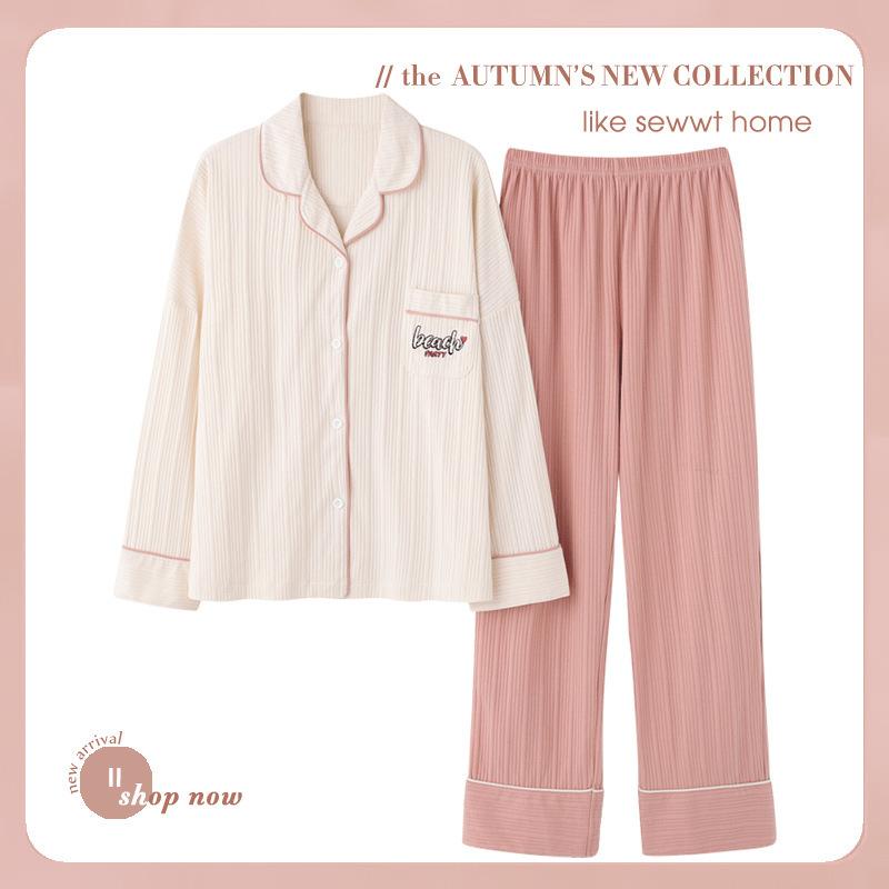 High Quality Large Size Women Cotton Pajamas Button Down Tops and Trousers Set Sleepwear Homewear Printing Nightwear Loungewear
