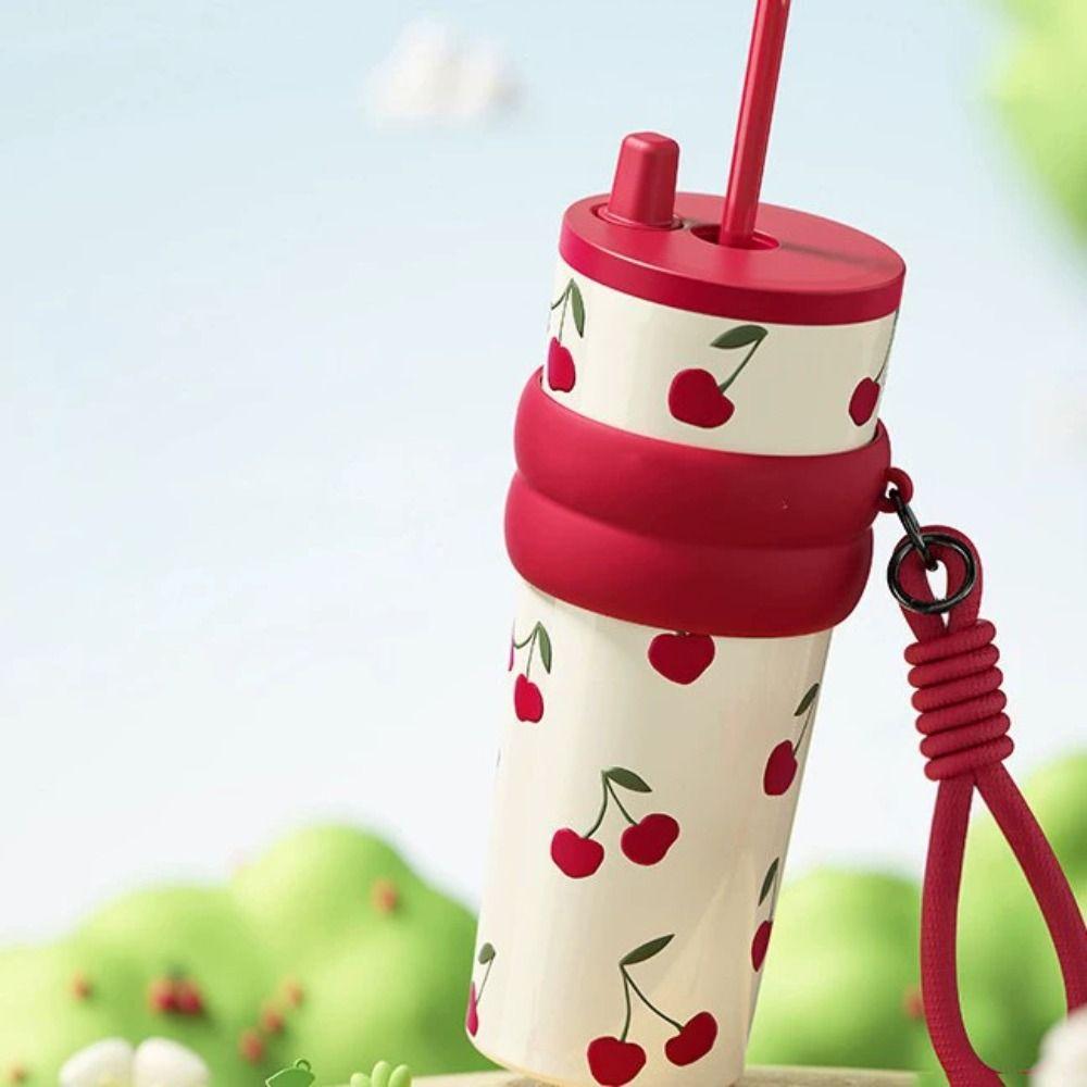 With Lifting Rope Vacuum Cup Bow Cherry Flower Print Insulated Cup Boys and Girls