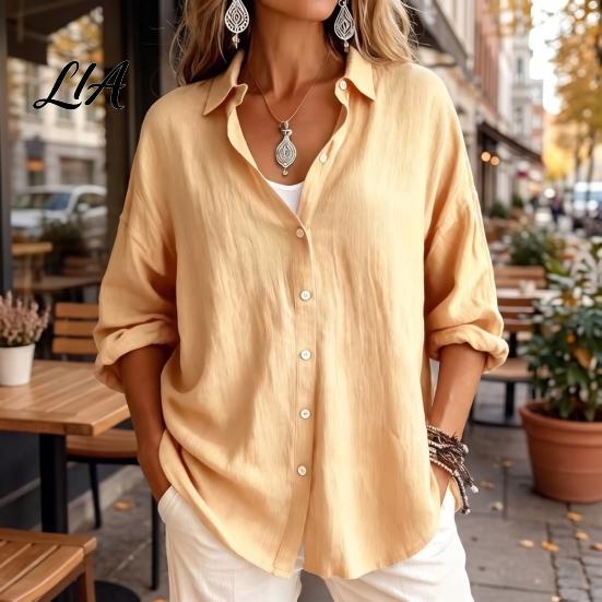 Comfortable Basic Shirts Women Casual Button Front Shirt, Long Sleeve Turndown Collar Blouse, Dropped Shoulder Solid Color Drop Fall Top