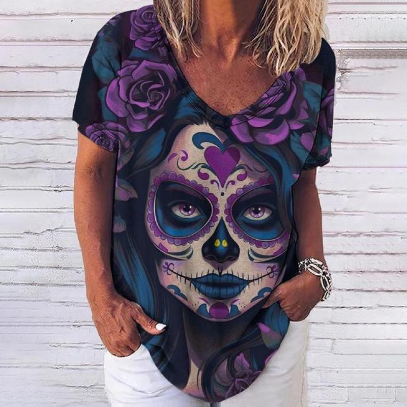 Лето 2023, новинка, женский топ с 3D принтом черепа ужасов и v-образным вырезом, футболка с короткими рукавами, повседневная забавная одежда Harajuku Y2K Day Of The Dead