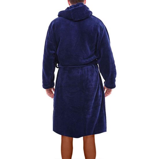 Long Sleeve Pocket Belt Solid Color Men Bathrobe Winter Warm Hooded Long Fleece
