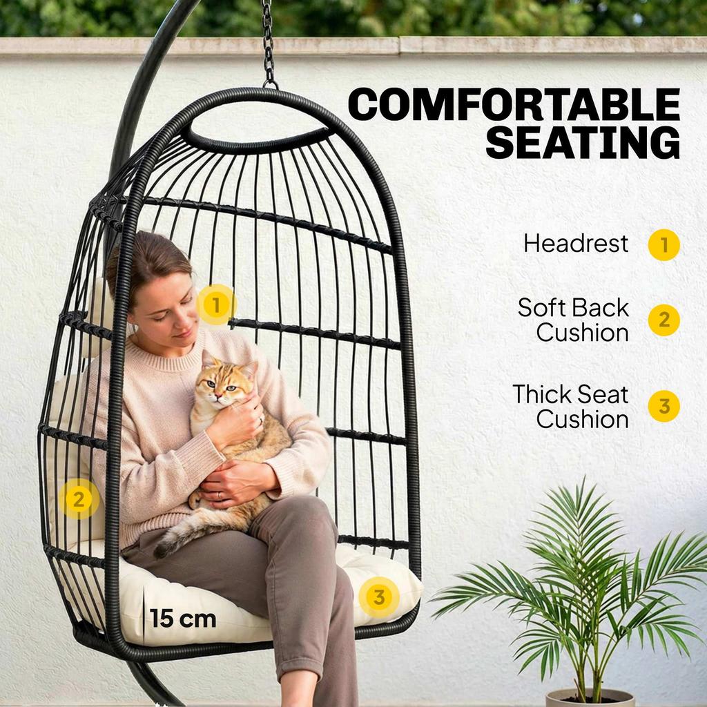 Hanging Egg Chair Indoor Outdoor Hammock Swing Chair With Stand Safety Strap Foldable Basket Black Cream White
