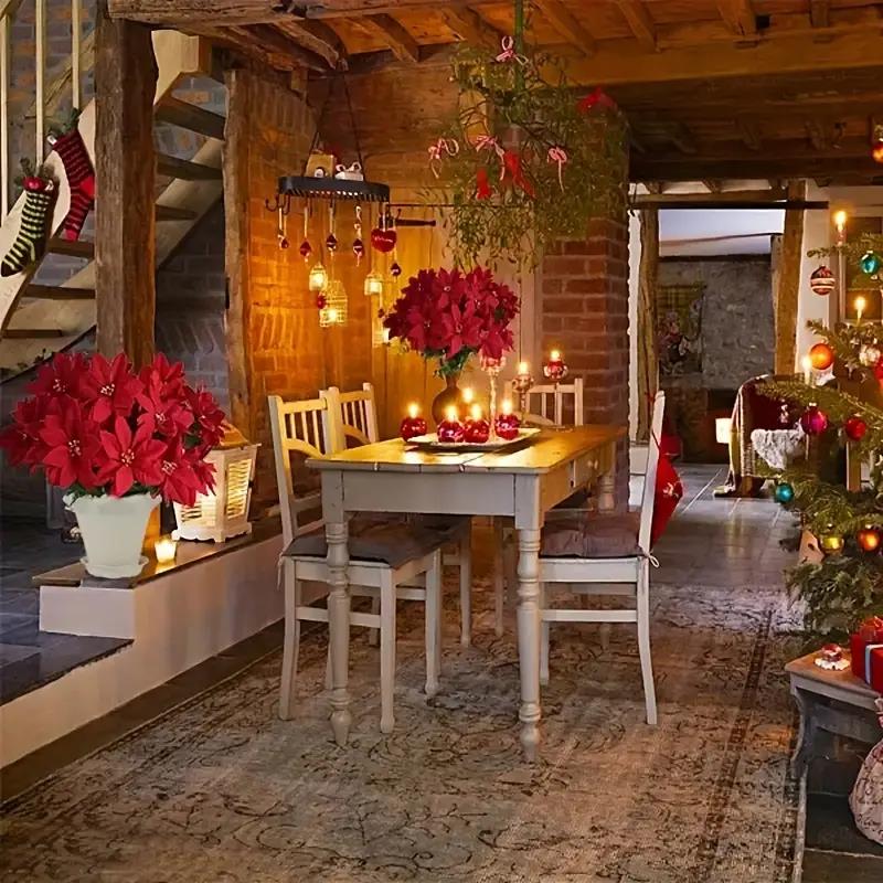 1/3 букета красных рождественских искусственных цветов пуансеттии для рождественского домашнего сада, украшения стола, вазы, свадебные цветы