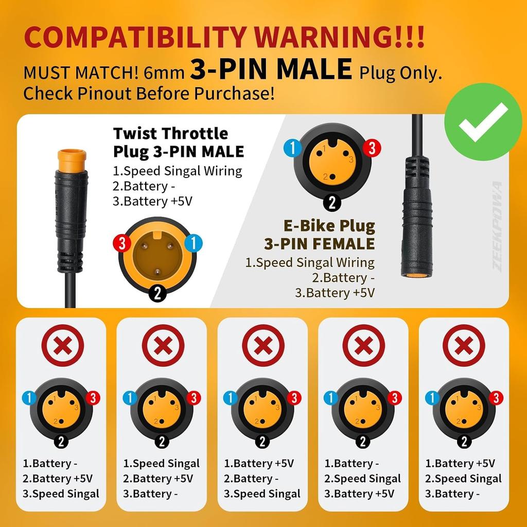 Zeekpowa Thumb Throttle Twist Throttle for Bafang BBS01B/BBS02B/BBS-HD Mid Drive Motors 3-Pin Female Connector eBike Conversion Kit Accessory