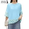 HNXC Women's Fashion Casual Solid Color Print Short Sleeve O Neck Blouses & Shirts
