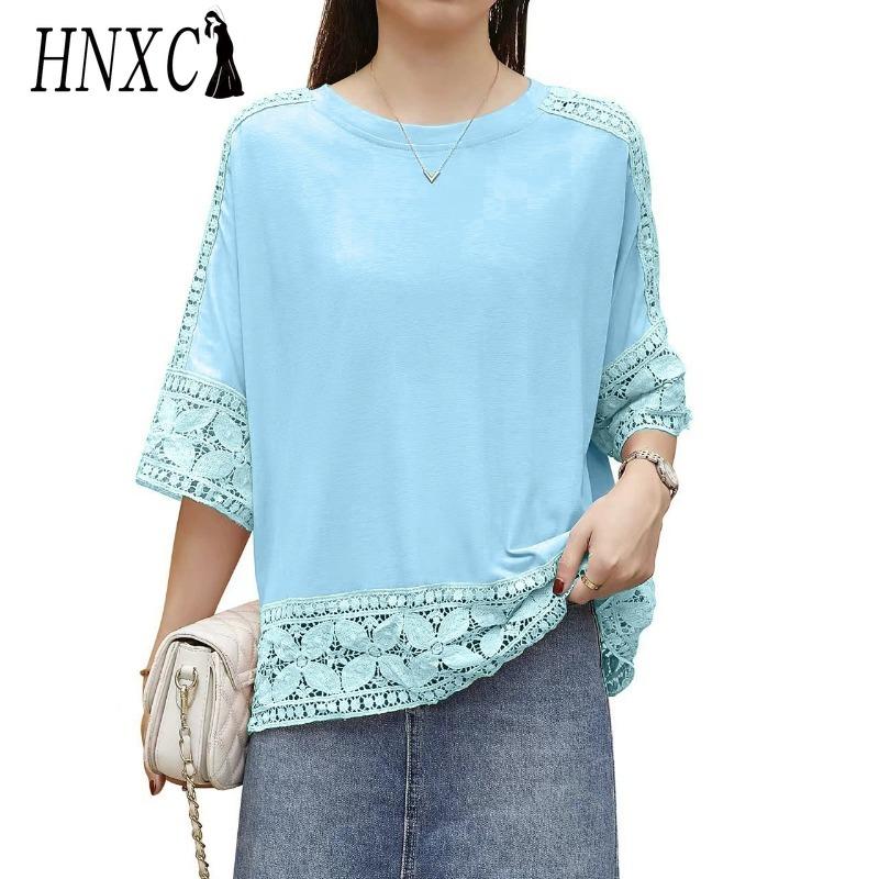 HNXC Women's Fashion Casual Solid Color Print Short Sleeve O Neck Blouses & Shirts