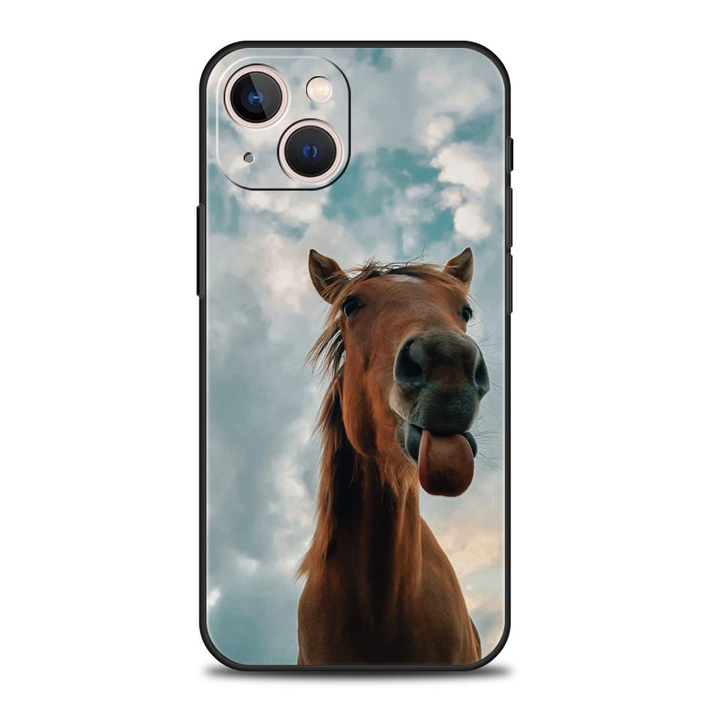 Роскошный мягкий чехол из ТПУ для iPhone 16 11 15 14 Pro MAX 12 13 7 8 Plus X XR XS SE 2022 Черный чехол Лошадь Животное