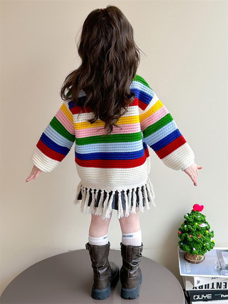 2025 Girls' Rainbow Tassel Thickened Knit Sweater - Autumn/Winter Fashionable Pullover
