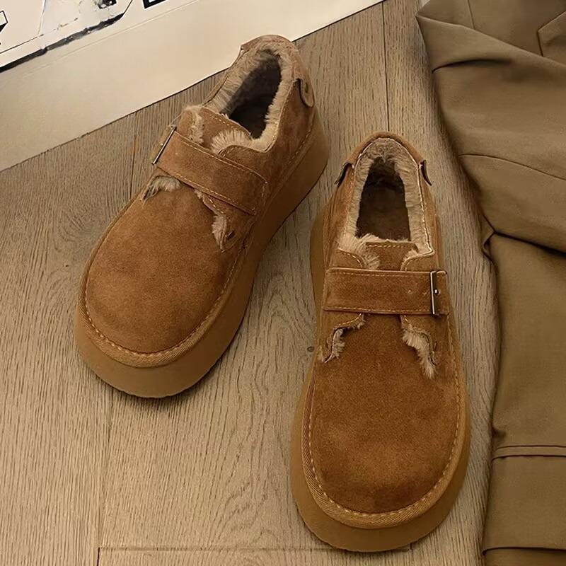 Замшевые меховые женские ботинки на платформе, зимние ботинки на плоской подошве, лоферы, брендовые плюшевые теплые хлопковые туфли на среднем каблуке, модная мода, удобные туфли Botas Mujer