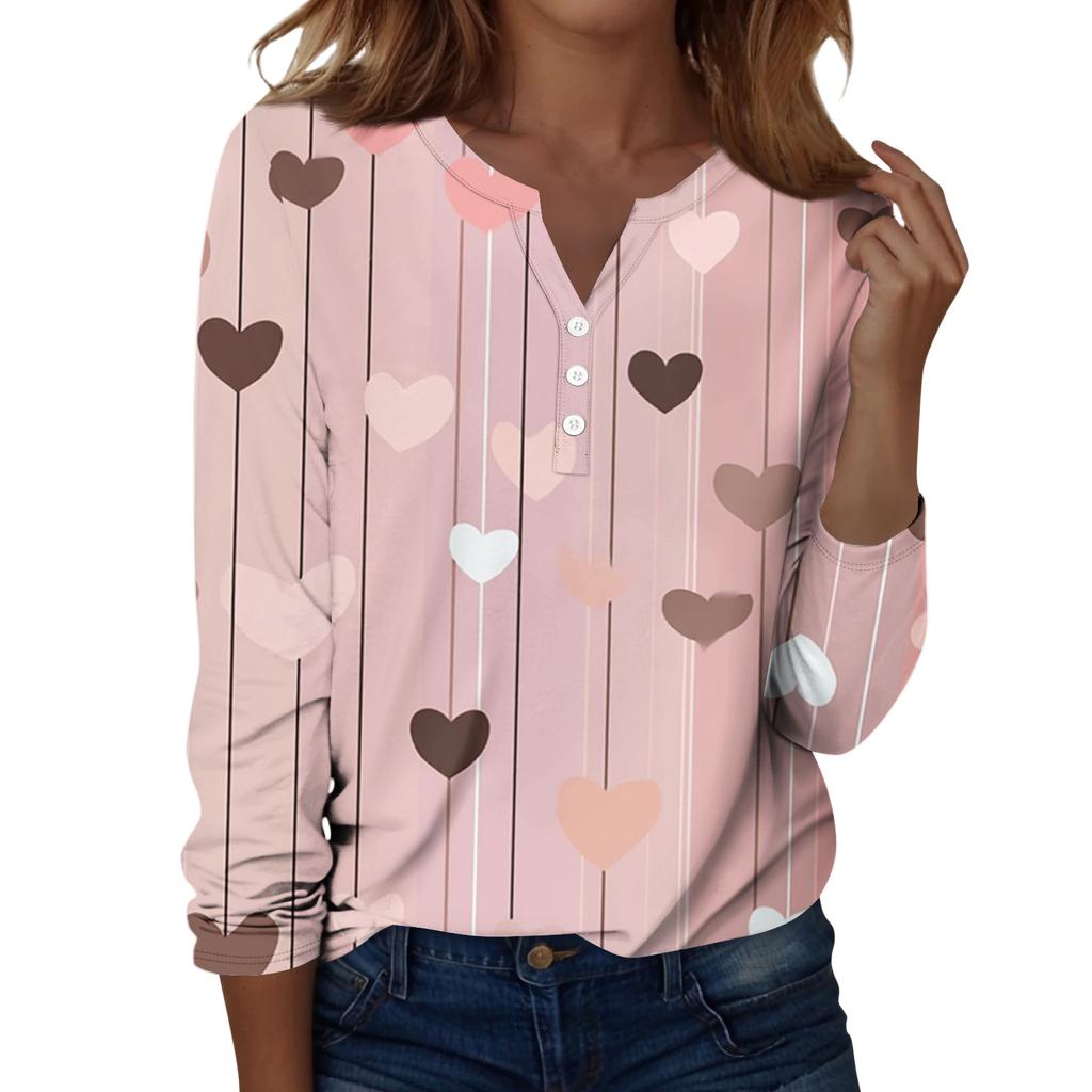 Женская футболка с рождественским принтом на пуговицах с длинным рукавом, повседневная, выходного дня, модная, базовая, с V-образным вырезом, обычная