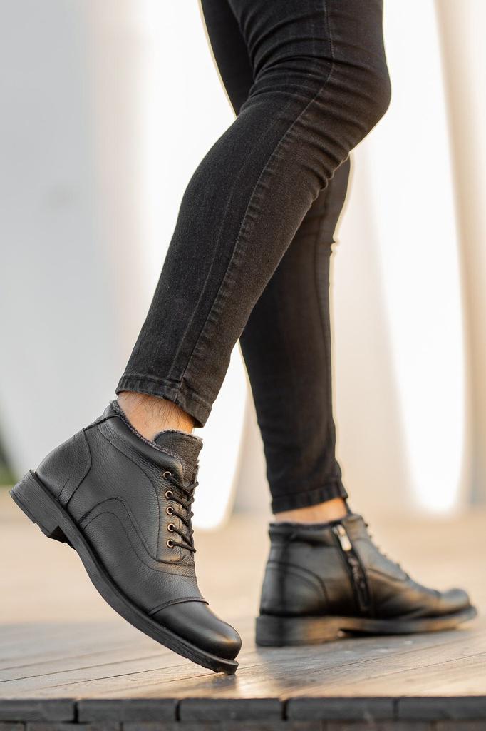 Men's Fashion Genuine Leather Flat Heeled Booties Bootie Furry Zippered Winter Boots Shoes