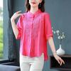 High End Embroidered Ice Silk Shirt Summer Women's Short Sleeved Slimming Shirt Base Top Blouses Shirts