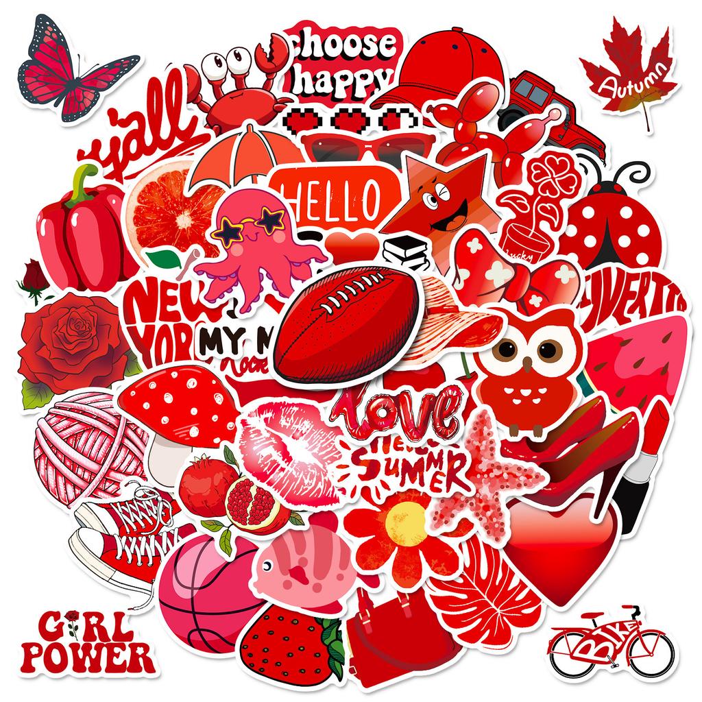 Pick Up Leaks! 50 Red Mix And Match Stickers Vsco Red Small Fresh Stickers Cute Cartoon Personalized Luggage
