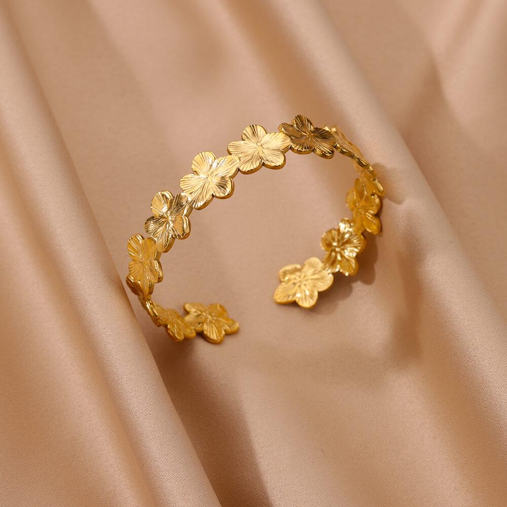 Vintage Flower Cuff Bracelet Bangle For Women Gold Color Flora Stainless Steel Bangles Casting Aesthetic Couple Wrist Jewelry