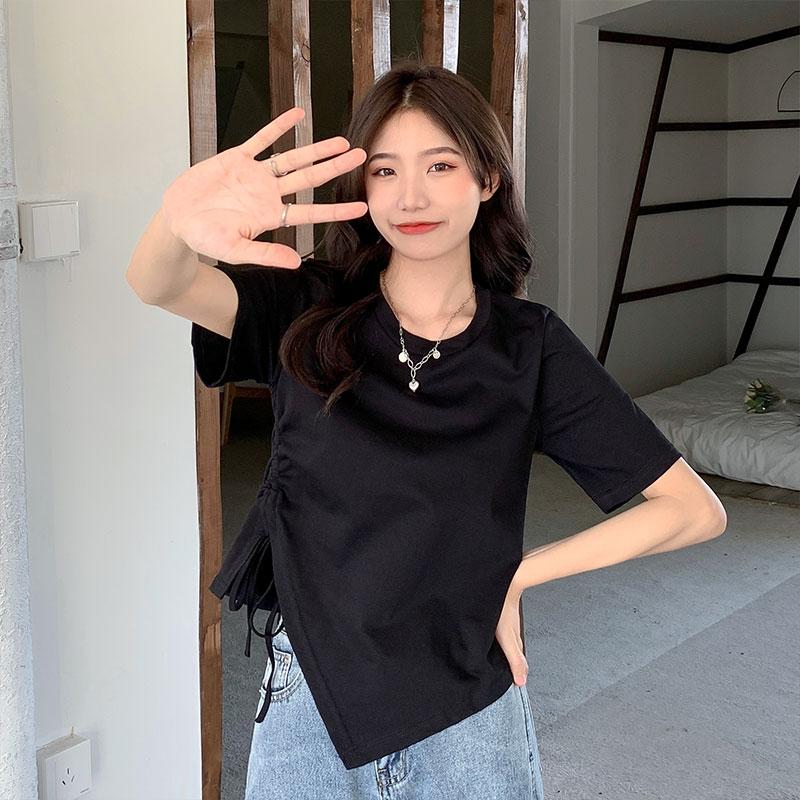 Летние нерегулярные однотонные футболки Женские футболки с коротким рукавом и круглым вырезом, повседневные, тонкие, эластичные, со шнурком, укороченные топы y2k, женская одежда