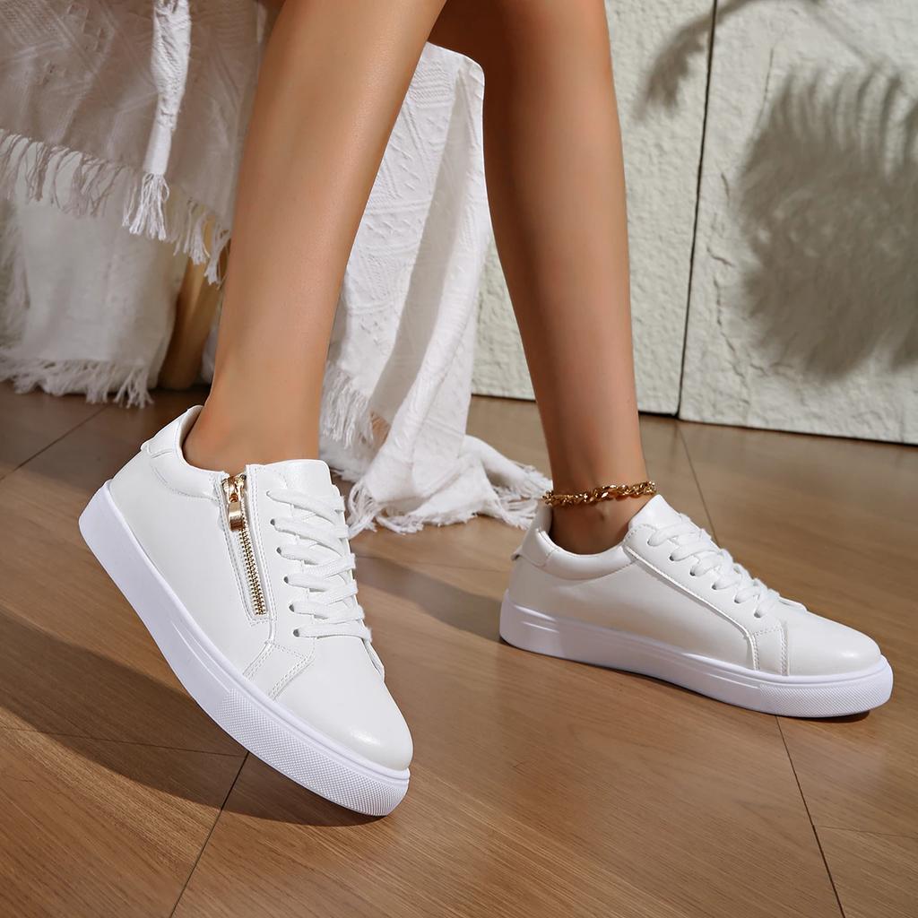 Новые женские кроссовки на молнии, повседневная обувь, высококачественные женские туфли на плоской подошве, весна-осень, низкие лоферы, белые туфли для девочек, женская обувь