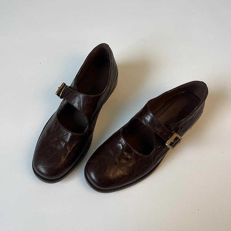 Универсальные Мэри Джейн из овчины в стиле колледжа 2025 с круглым носком, толстым средним каблуком, кожаной квадратной пряжкой, одинарные туфли, женские, ретро, колледж