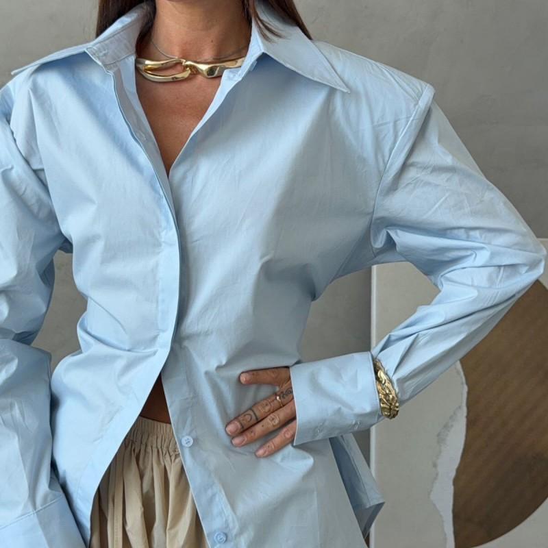 2026 Womens Blue Slim Fit Long Sleeve Shirt Casual Tie Collar Blouse