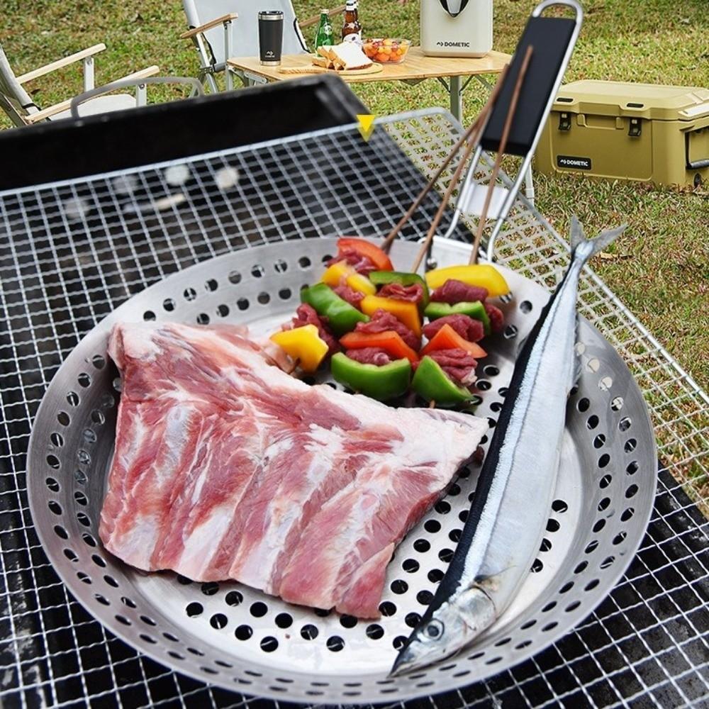 Circular BBQ Plate Folding Wood Handle Grill Fry Pan Portable Barbecue Tray  Outdoor Barbecue