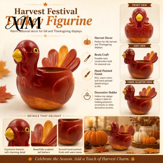 Crafted Harvest Festival Decor Hand-painted Resin Turkey Ornament for Thanksgiving, Autumn Desktop Storage Fall Themed Mantel Centerpieces Organizer,