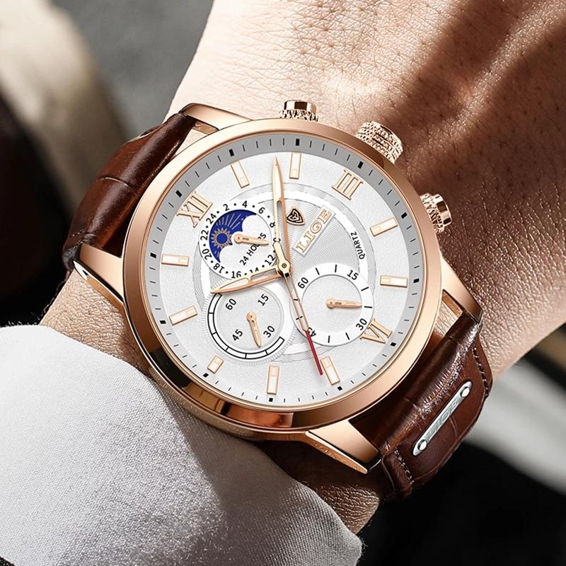 2021 LIGE Watches Mens Top Brand Luxury Clock Casual Leathe 24Hour Moon Phase Мужские часы Спортивные водонепроницаемые кварцевые хронографы + коробка