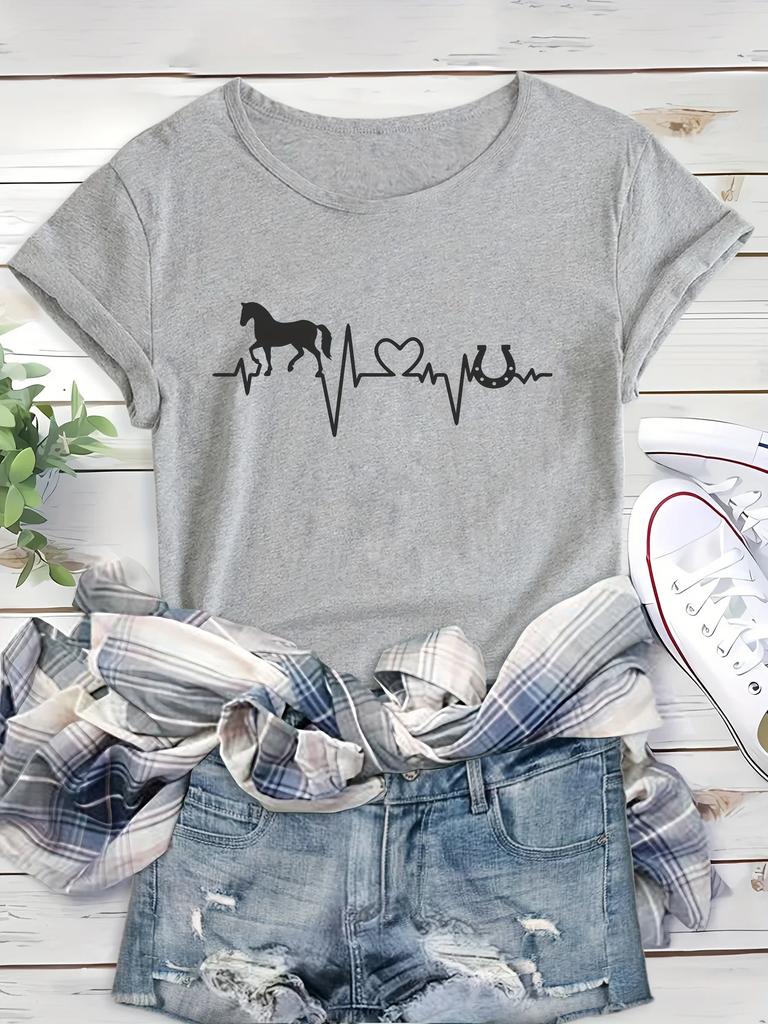 Унисекс День святого Валентина Лошадь и сердце Буква Принт Круглый вырез Женская короткая рукав Спортивная футболка Винтажная женская одежда
