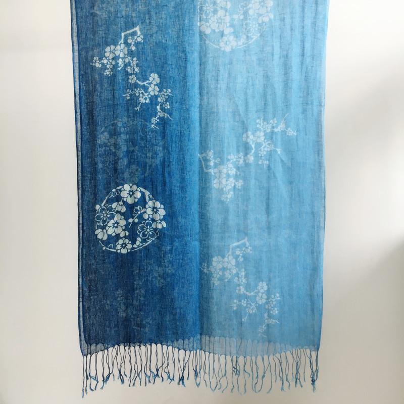 Printing Gradual Change Color Linen Batik Scarf Blue Versatile Ethnic Style Retro Silk Scarf Thin Light Breathable Yarn