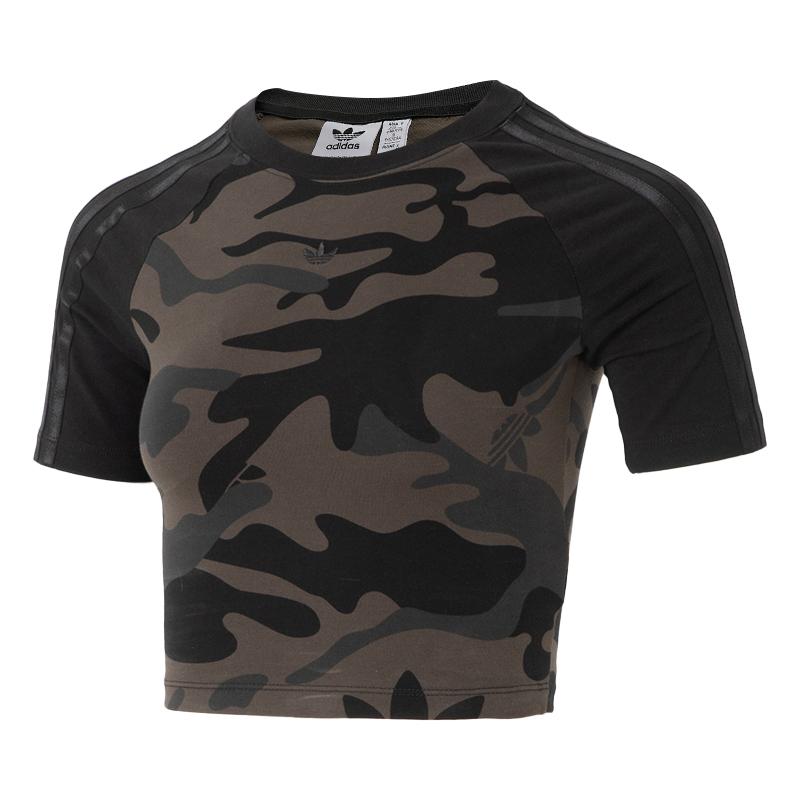 Adidas Originals Baby Tee Camo Outdoor Series Round Neck Color Block Camouflage Fitted Short Sleeve Top Women tops Black Green JI5740