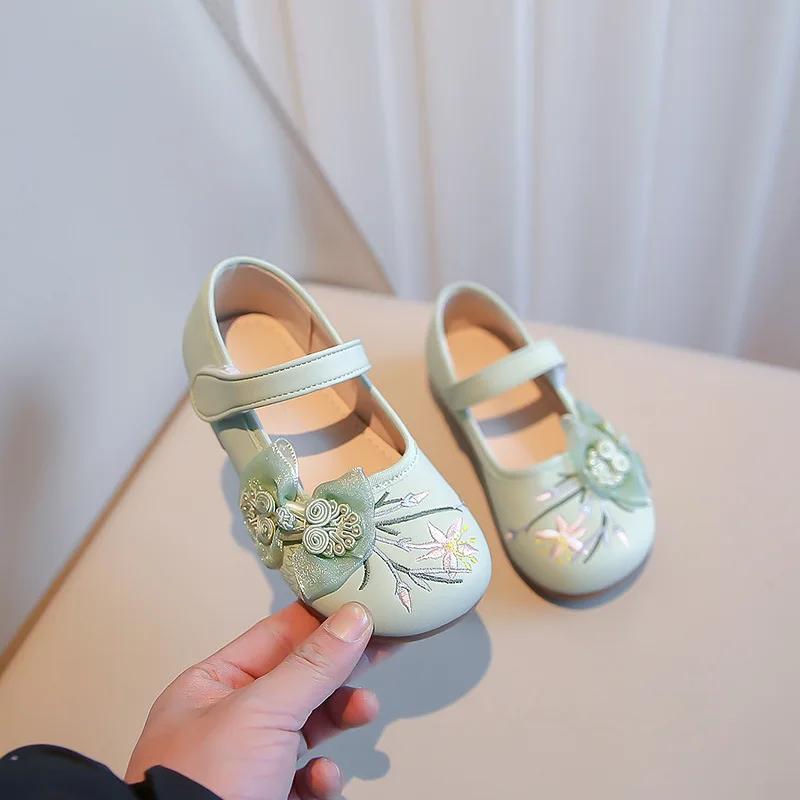 Туфли на плоской подошве для девочек с сетчатым узлом, детские вышитые кожаные туфли для вечеринки, свадьбы, детские элегантные туфли принцессы для темперамента