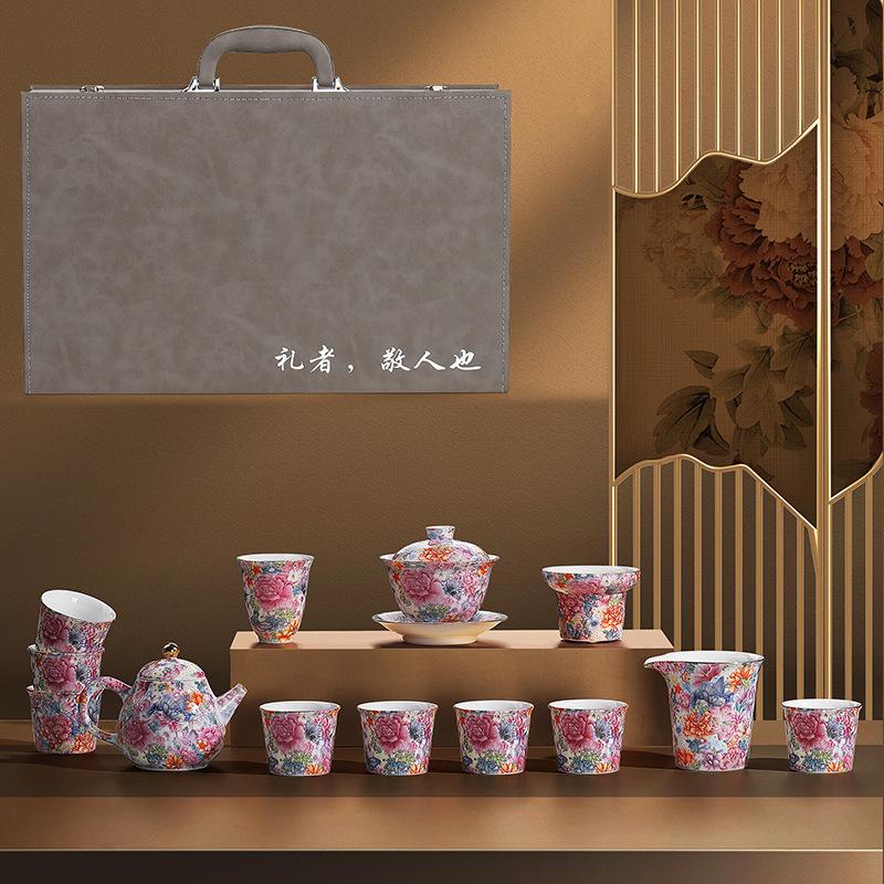 Souvenir Enamel Color Wanhua Ceramic Kung Fu Tea Set Creative Annual Meeting Gifts High-end Guochao Tea Ware Teacup
