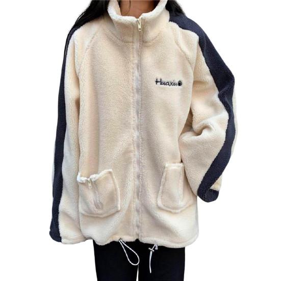 Зимнее женское пальто с воротником-стойкой, длинными рукавами, карманами, вышивкой, застежкой-молнией, цветные блоки, плотный флис, свободная спортивная повседневная куртка для повседневной носки