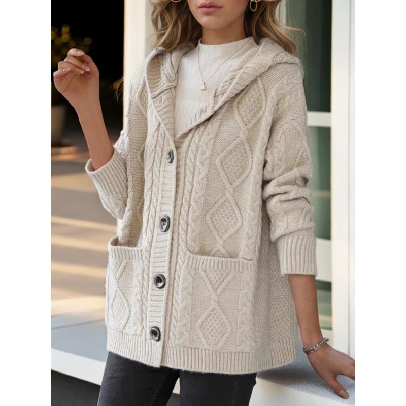 Tooxika Женская одежда 2024 Осень и зима Новый ретро жаккардовый однотонный вязаный кардиган женский повседневный свитер с капюшоном куртка