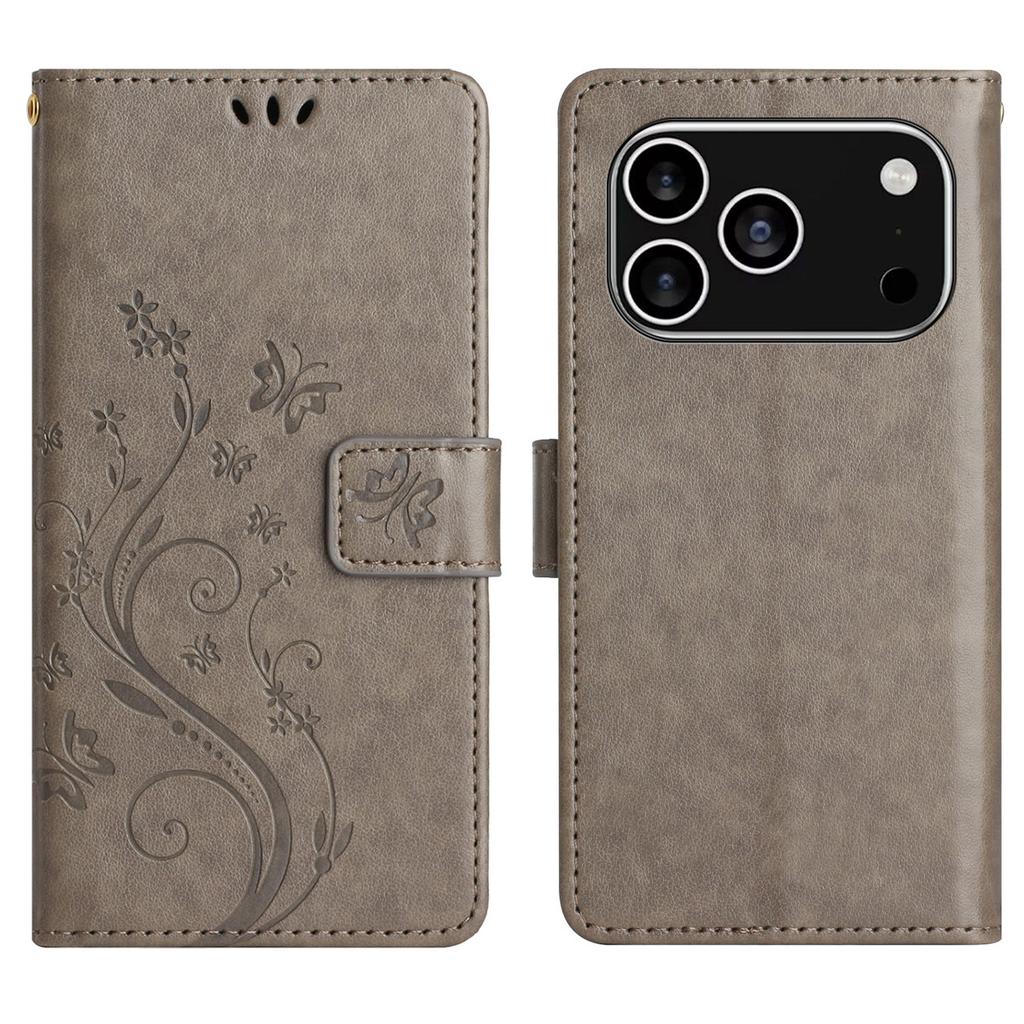 For iPhone 17 Pro Leather Wallet Case Butterfly Flower Imprinted Phone Cover with Strap