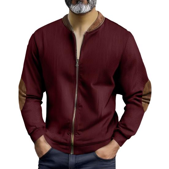 Men Casual Coat Stand Collar Long Sleeve Zipper Closure Plaid Elbow Patch Baseball Jacket Outdoor Street Wear