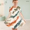 Girls Dark Blue Printed Round Neck Short Sleeve A Line Flared Dress
