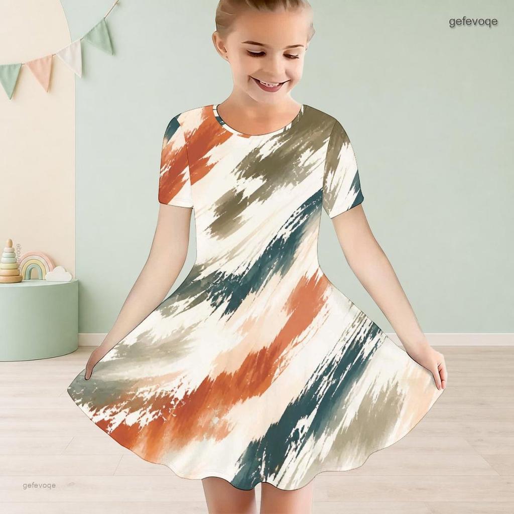 Girls Dark Blue Printed Round Neck Short Sleeve A Line Flared Dress