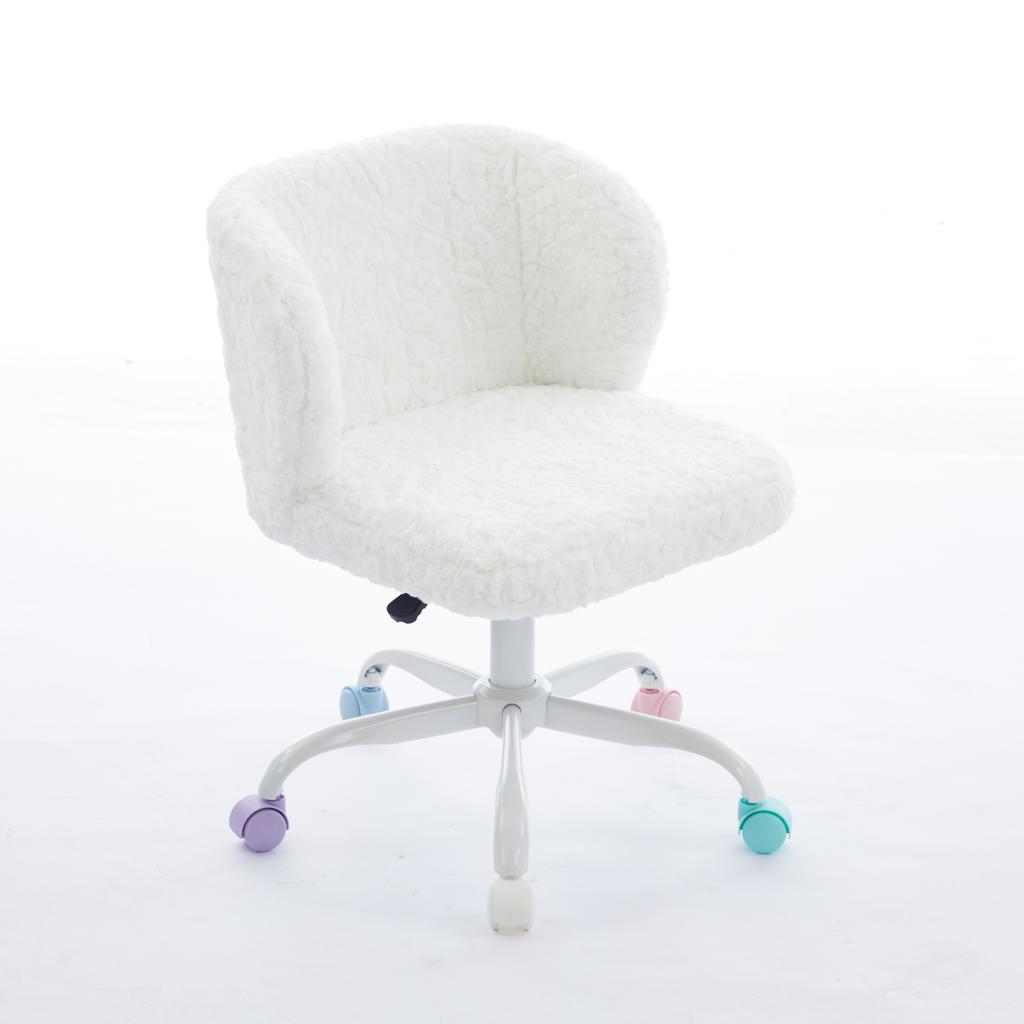 Girls Faux Rabbit Fur Desk Chair, Cute Fluffy Adjustable Swivel Vanity Chair with Silent Colorful Wheels, Cream,Beige