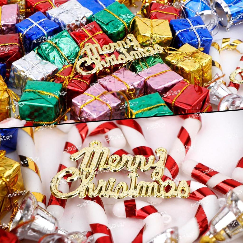 Christmas Decorations with Bells Candy Sticks Stars Gift Boxes and Santa Ornaments Christmas Tree Decoration Items (90 Pcs) Multicolor