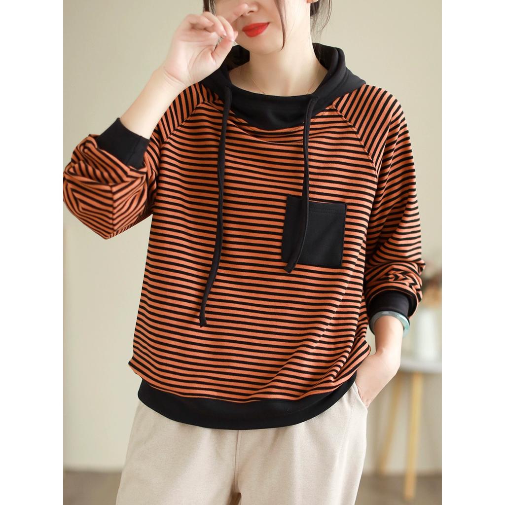 Dimanaf 2024 Осень Однотонная футболка Женская полосатая толстовка с капюшоном Эластичные однотонные свободные топы с длинным рукавом Футболки