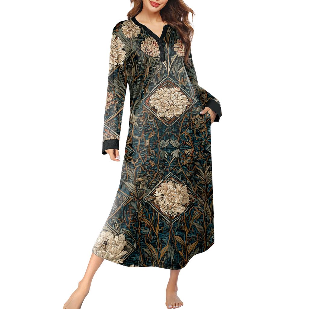 Женская ночная сорочка длинная домашняя одежда с V-образным вырезом и карманами