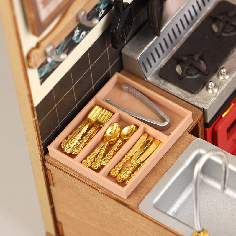 1Комплект 1:12 кукольных мини-ножей, вилок, ложек, зажимов, столовых приборов с ящиком для хранения, кукольные кухонные принадлежности, утварь, декор, аксессуары