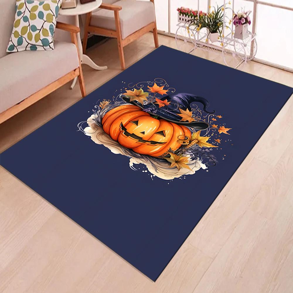 Halloween Pumpkin Area Rug | Crystal Velvet Polyester | Vibrant Witch Hat & Autumn Leaves Design | Ideal for Living Room, Bedroo